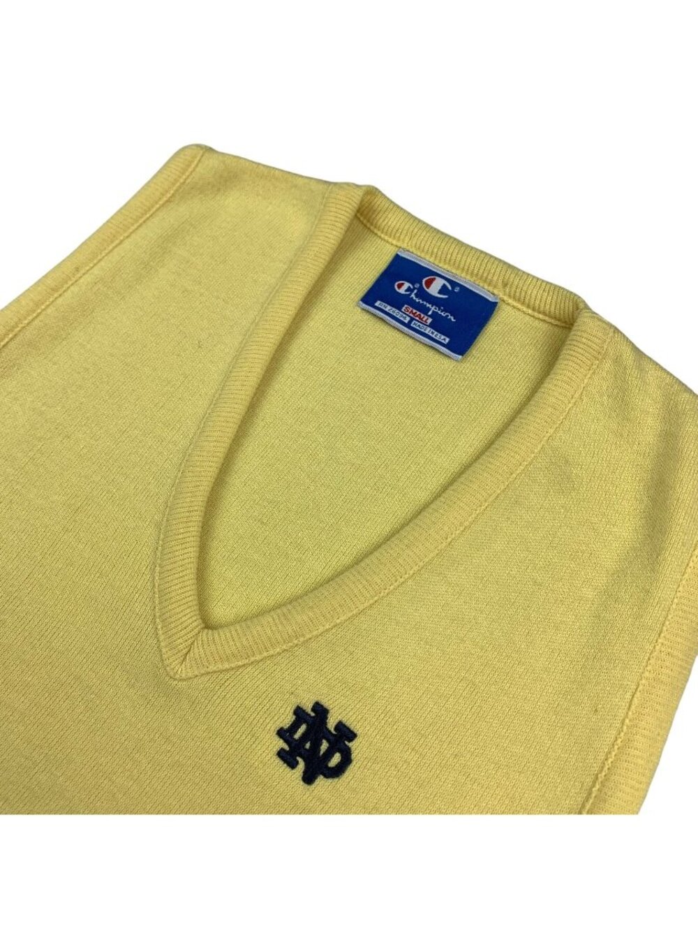 VTG Notre Dame x Champion Men's 100% Acrylic Sweater Vest Yellow • USA • Small